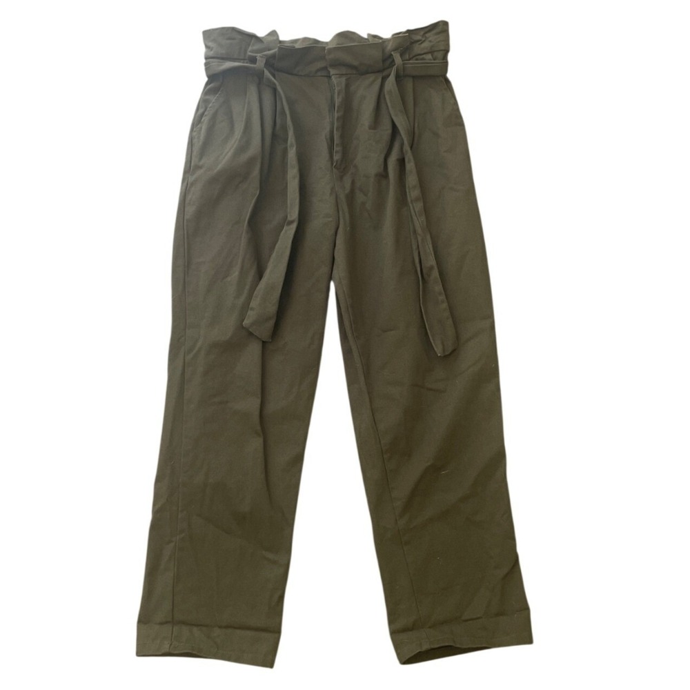 Women's Olive Green High-Waisted Paperbag Pants Tie Belt Size M Grunge Goth